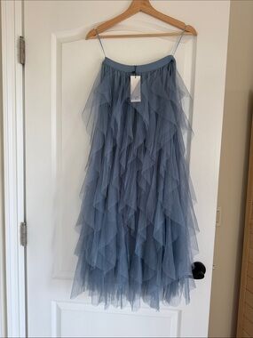 Vici Ruffle Tulle Midi Skirt in Grey Blue